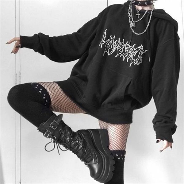 

punk goth letter print hip-hop hooded sweatshirt vintage kpop loose casual women moletom harajuku streetwear pullover sweatshirt 210909, Black