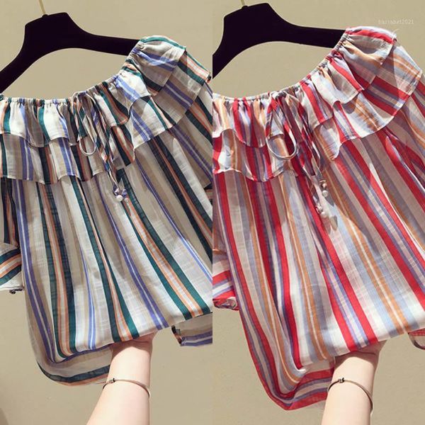 

women's blouses & shirts fashion women female sleeve slash neck striped chiffon shirt mujer de moda, White