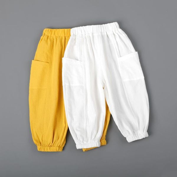 

trousers children pants summer kids clothing for baby boys girls ankle length linen white yellow breathable toddlers, Blue