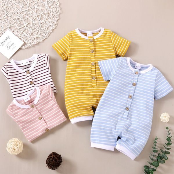 Yaz Bebek Çizgili Tulum Kısa Kollu Düğme Toddler Bebek Erkek Girsl Tulumlar Giyim Bodysuits M3511