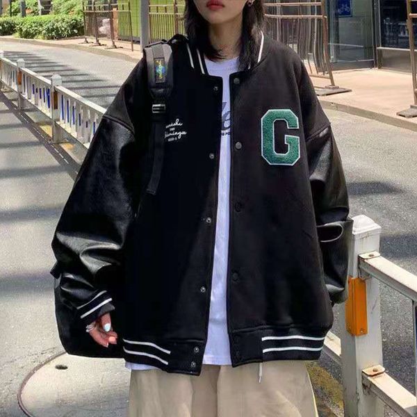 

black g women american baseball bomber students racer zip up baseball uniform jackets couple harajuku hip hop streetwear clothes, Black;brown