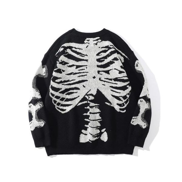 

men's sweaters hip hop men sweater skeleton jacquard knitted pullovers autumn winter streetwear harajuku couples loose cotton knitwear, White;black
