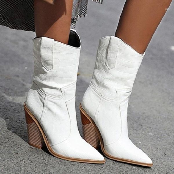 

boots mid-calf western cowboy for women pointed toe autumn winter leather pu shoes wedge plus size 531, Black