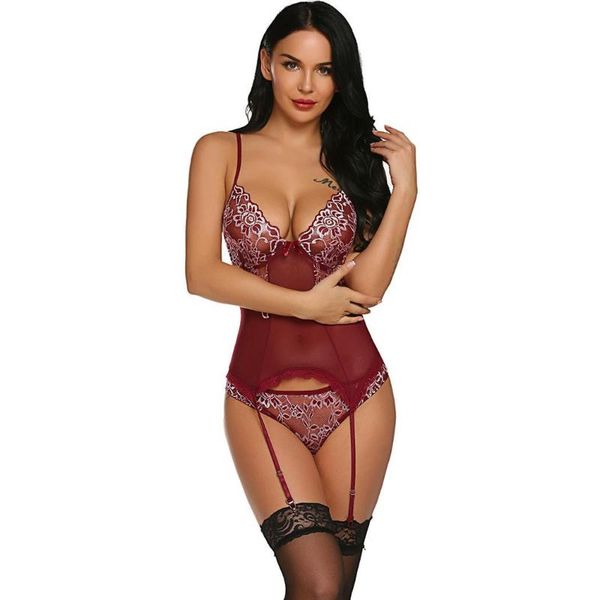 

bras sets women lace floral see through lingerie pajamas with g-string, Red;black