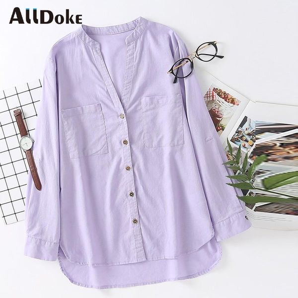 

women's blouses & shirts alldoke purple casual double pockets blouse women summer v neck long sleeve shirt oversized vintage blusas fe, White