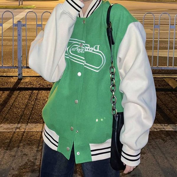 

women's jackets women letter embroidery bomber jacket 2021 crewneck cardigan loose coat korean style harajuku oversize baseball uniform, Black;brown