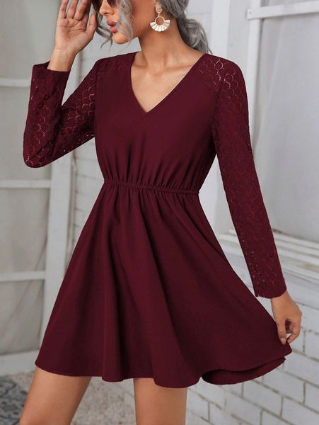 

contrast guipure lace panel elastic waist dress s6ev#, Black;gray