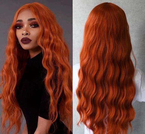 

peruca cosplay orange ginger color lace front wig loose wave synthetic wig glueless with baby hair pre pluckedfactory direct, Black