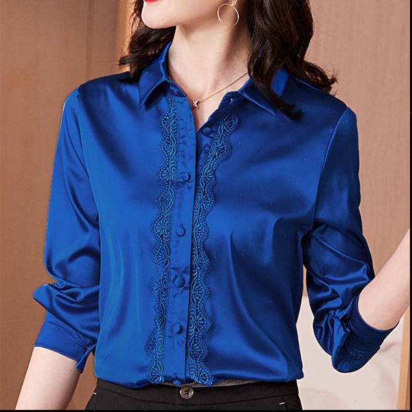 

korean silk satin elegant office womens blouses long sleeve lace plus size blusas mujer de moda, White