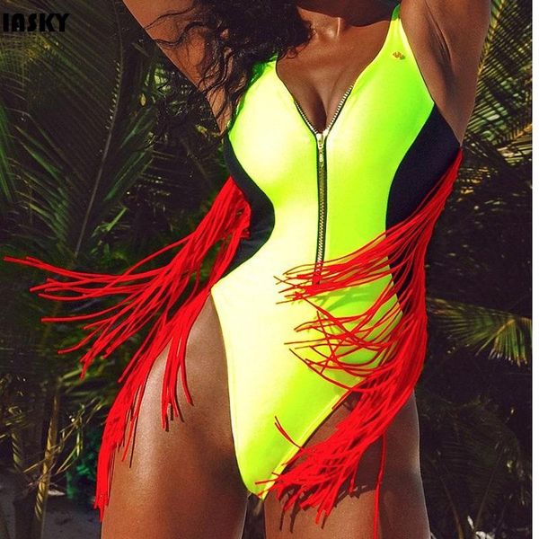 

one-piece suits iasky 2021 tassel sports one piece swimsuit with zipper front women high cut swimwear bathing suit monokini