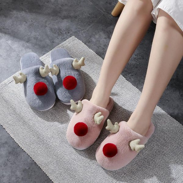 

slippers ins christmas antlers couple cotton women warm non-slip home men, Black