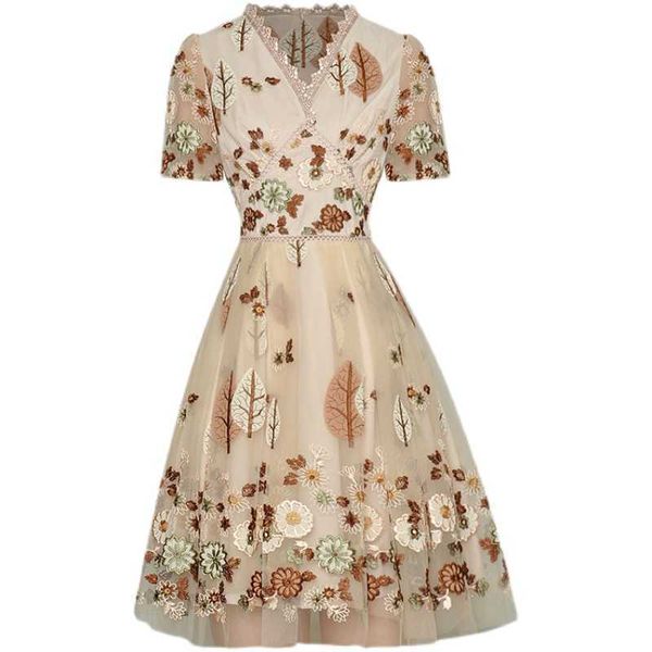 

est fashion v-neck short-sleeved stunning embroidery gauze dress 210526, Black;gray