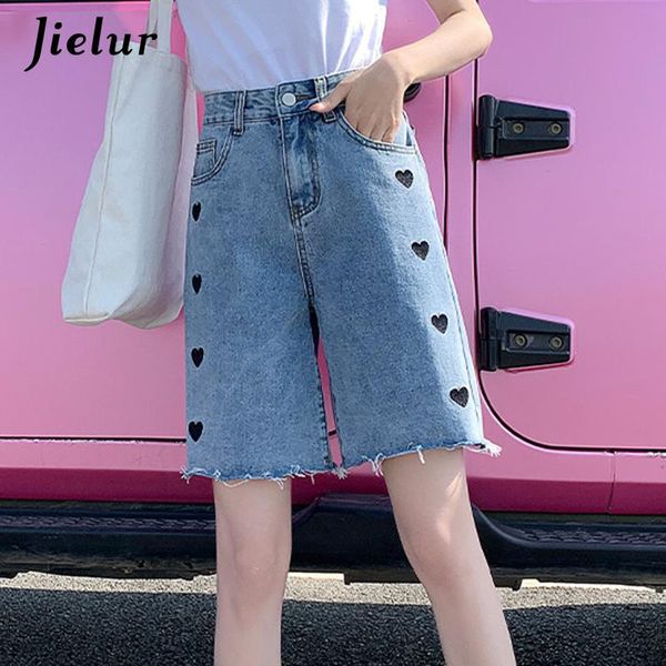 

women's jeans denim short for women loose knee length high waist love embroidery summer pocket blue female xs-xxl