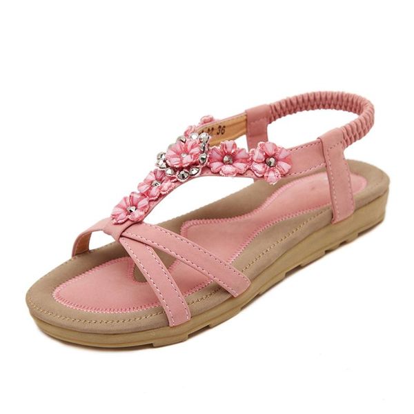 

sandals bohemian summer women's brand flower shoes flat pink black 35-42