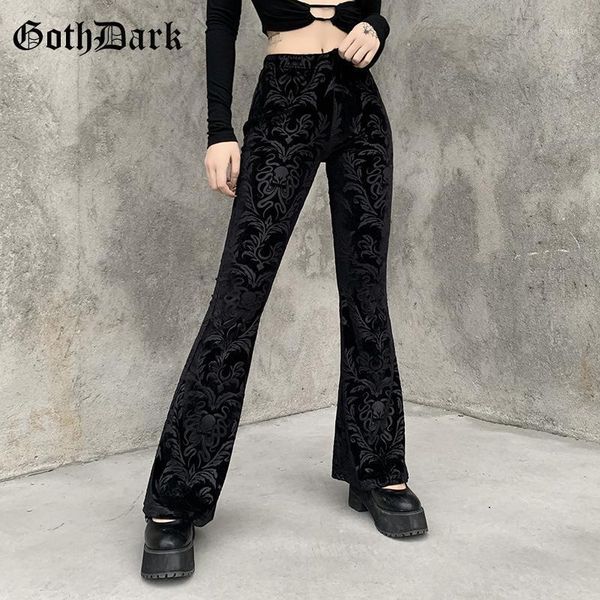 

goth dark vintage floral scratched gothic pants velvet high waist skinny flare trousers for women autumn winter streetwear 2021 women's, Black;white