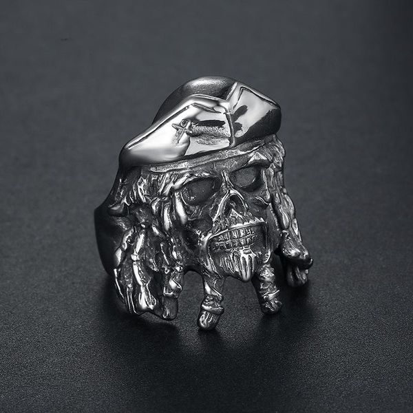 

cluster rings punk gothic men's 316l stainless steel captain jack skull ring biker jewelry for male, Golden;silver