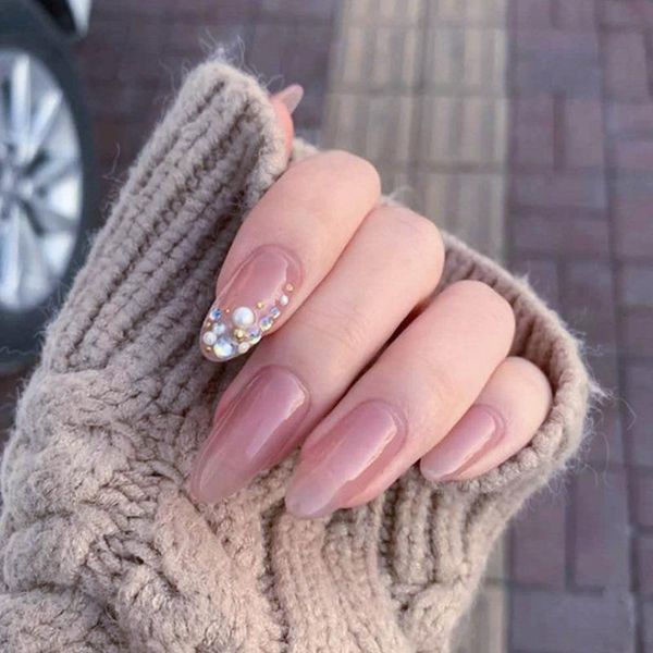 

false nails 24pcs long french manicure oval head shiny crystal pink design press on wearable full cover fake nail tips, Red;gold