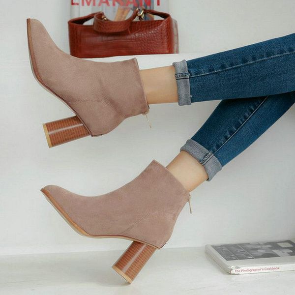

boots women faux suede ankle fashion zipper square toe short thick high heel autumn winter lady shoes black wine red