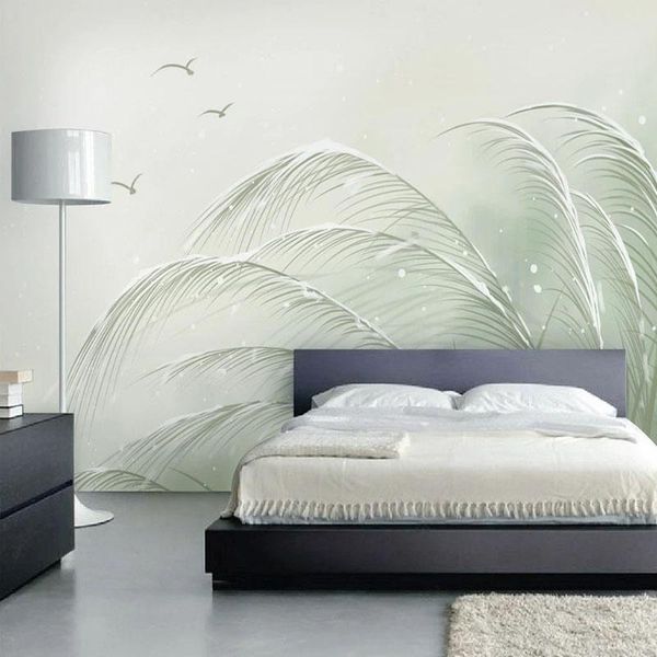 

wallpapers custom mural wallpaper 3d stereo reed bird nordic background wall hand-painted minimalist plants painting papel de parede sala