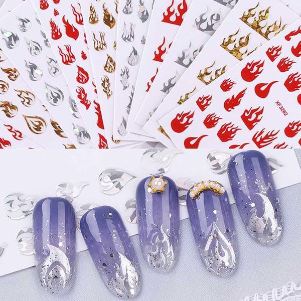 

holographic flame nails sticker art fire nail decals gold silver fires on manicure stencil stickers nails1, Black