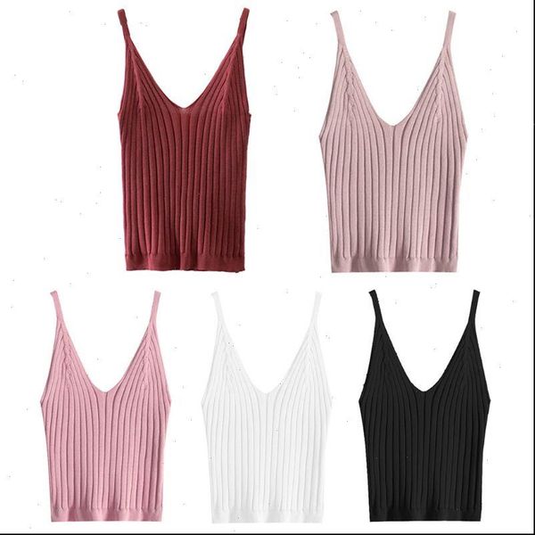 

women tanks sleeveless crop tank ribbed knitted spaghetti strap camisole v neck solid basic elastic slim sling vest, White