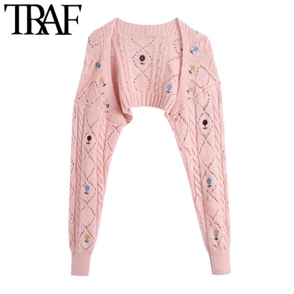 

traf women sweet fashion floral embroidery arm warmers knitted sweaters vintage long sleeve female outerwear chic 210415, White;black