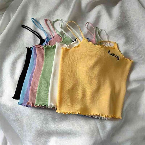 

women lettering "honey" crop summer women knitted tank ruffles hem plain crop summer, White