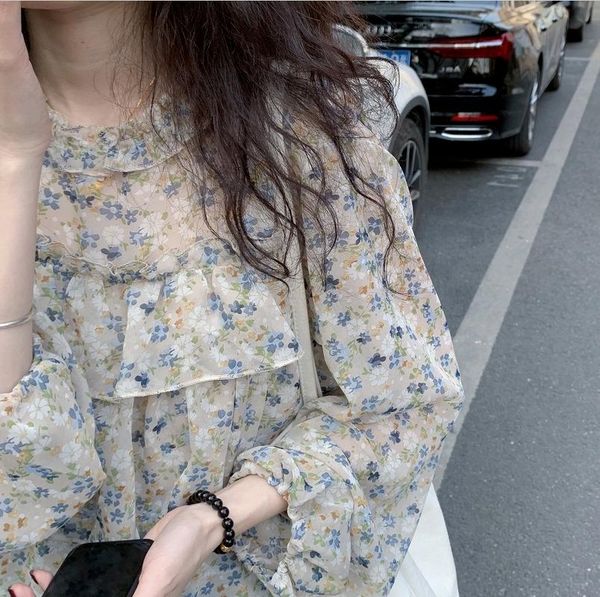 

women's blouses & shirts japan style floral print chiffon femme 2021 korean fashion temperament long sleeve women sweet fresh woman, White