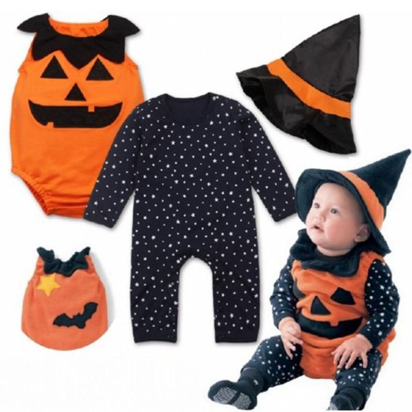 Roupas de bebê de Halloween Suits Recém-nascidos Abóbora Mágico Trajes Bebé Bebé 3 Piece Conjuntos Vest Bodysuit Hat Infant Outfit 210413