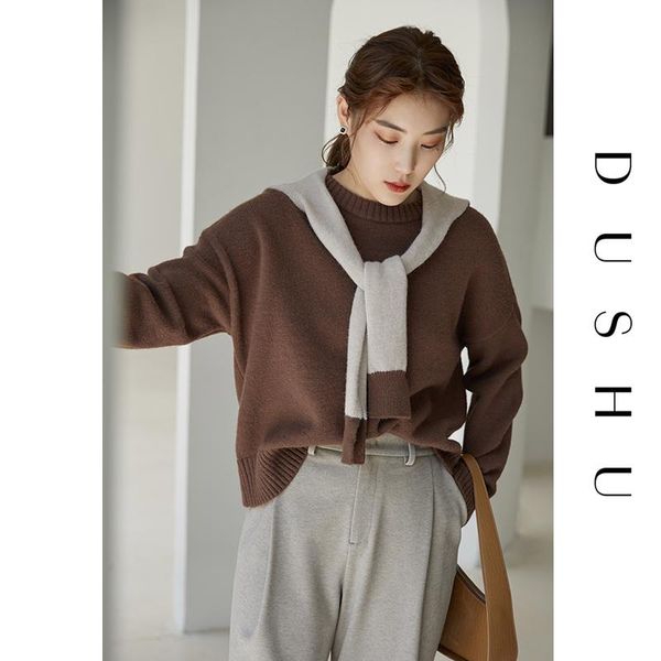 

women's sweaters dushu plus size two piece set knitted sweater women shawl casual oversized pullover winter offcie lady elegant jumper, White;black