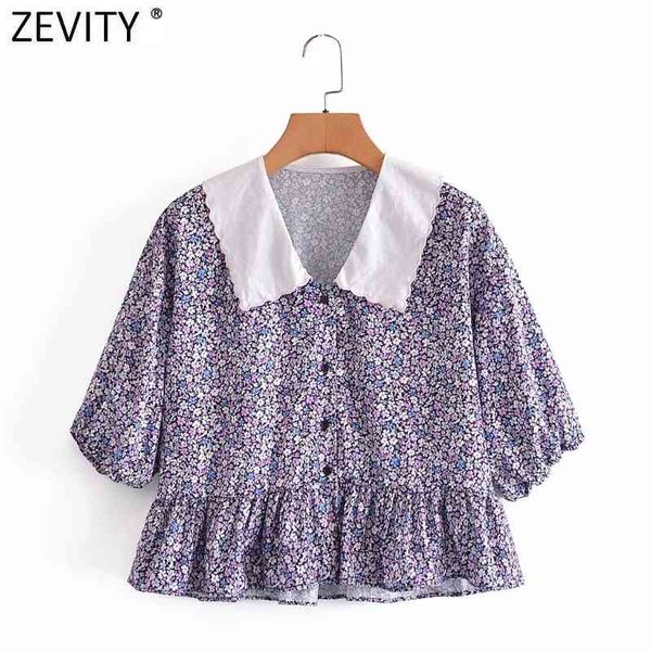 

zevity women sweet floral print ruffles blouse shirts women peter pan collar patchwork chic office femininas blusas ls9304 210419, White