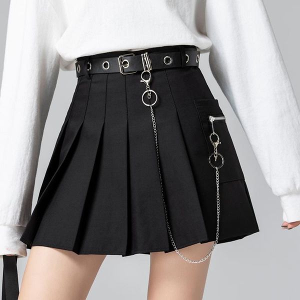 

japanese jk harajuku preppy style women skirts high waist belt chain solid short mini girls gothic punk black pleated