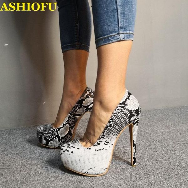 

dress shoes ashiofu handmade women high heel pumps animal-print faux leather office party slip-on platform evening club fashion, Black