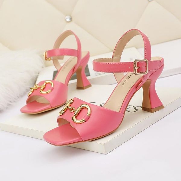 

dress shoes strange heels sandals women summer peep toe slides fashion hollow buckle pump metal decoration high heel zapatos de mujer, Black