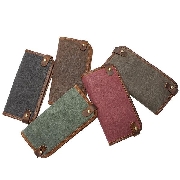 

wallets women's vintage genuine leather real cowhide crazy horse canvas men's long bifold purse holders, Red;black