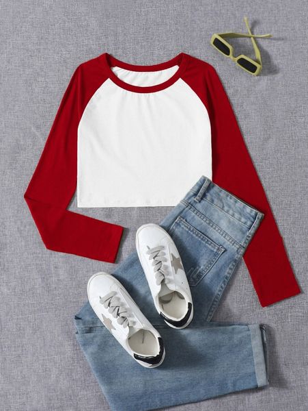 

color block raglan sleeve crop tee y57a#, White