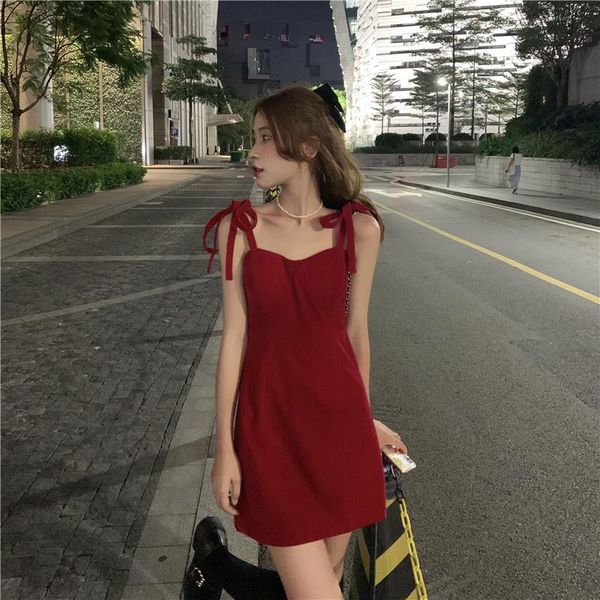 

casual dresses 2021 summer retro bowknot sling slim vintage adjust spaghetti straps mini dress sundress a832, Black;gray