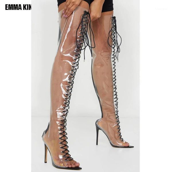 

boots women thigh high heel transparent sandals cross-straps long gladiator peep toe autumn 20211, Black