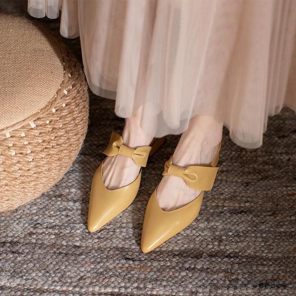 

french vintage retro covered toe slingback sandals women summer natural leather medium heels laides casual mules yellow size 40, Black