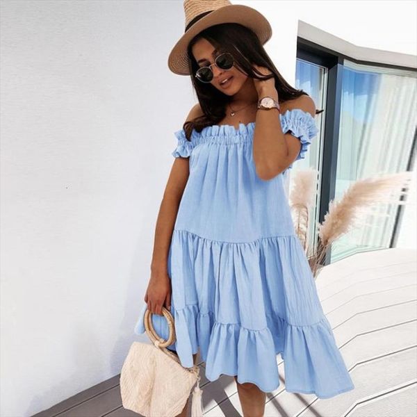 

slash neck ruffles midi women dress summer elegant short sleeve casual white loose clothes off shoulder vestidos, Black;gray