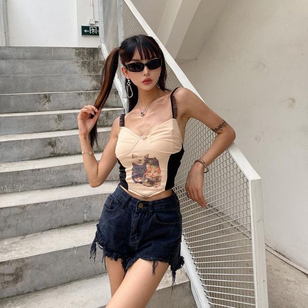 

women's tanks & camis women cute cat print strapless sleeveless crop tank harajuku chic punk bodycon vest contrast slim fit sling, White