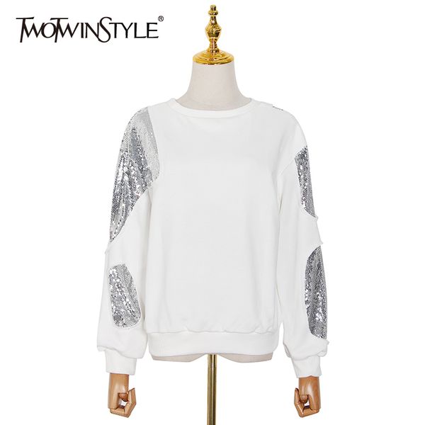 

towtwinstyle sequins casual white sweatshirt for women o neck long sleeve irregular patchwork sweatershirts female 210524, Black
