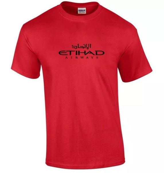 

etihad airways black logo united arab emirates airline red cotton t-shirt, White;black
