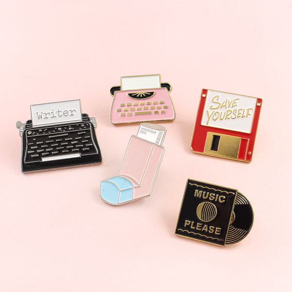

cute brooch writer typewriter save yourself memory card music pleasen cd lapel enamel pins diy badges for women girls gift, Blue