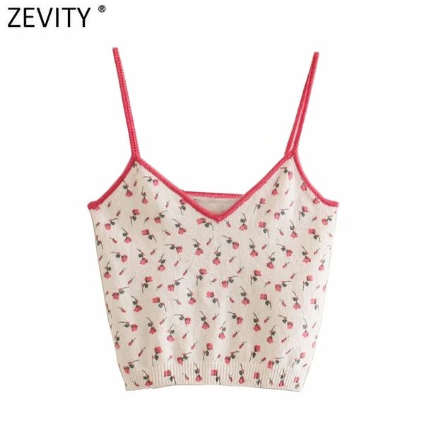 

zevity women sweet floral jacquard knitted spaghetti strap chic camis tank ladies summer sling short slim sw720 210419, White