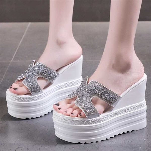 

summer trend rhinestone wedges heel women slippers platform peep toe height increasing 2021 ladies shoes zapatos de mujer, Black