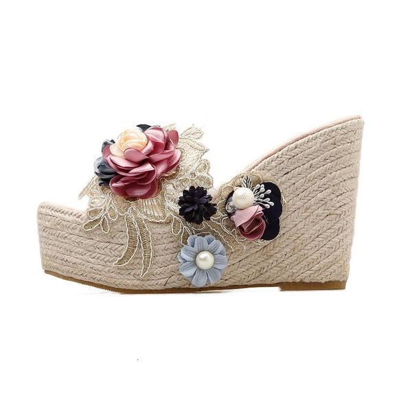 

sandals ladies high heels wedges slippers flowers transparent flip flops linen rope platform shales for women beach ktci, Black