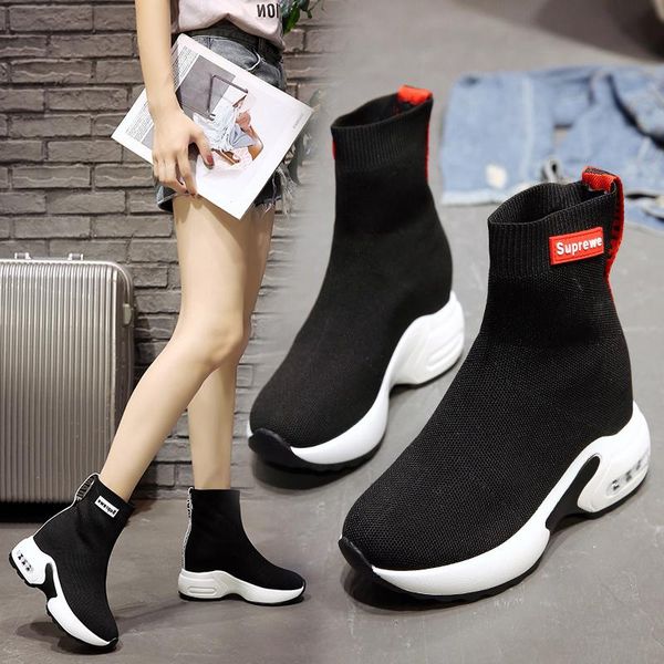 

boots 2021 high inner height socks shoes women fall korean version small short knitted elastic thin botas mujer, Black