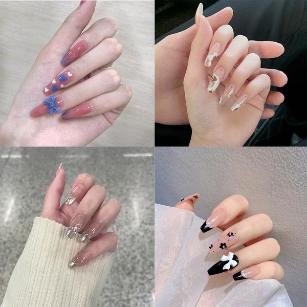 

false nails 24pcs/box women artificial ballerina full cover wearable fake long coffin nail tip tips, Red;gold