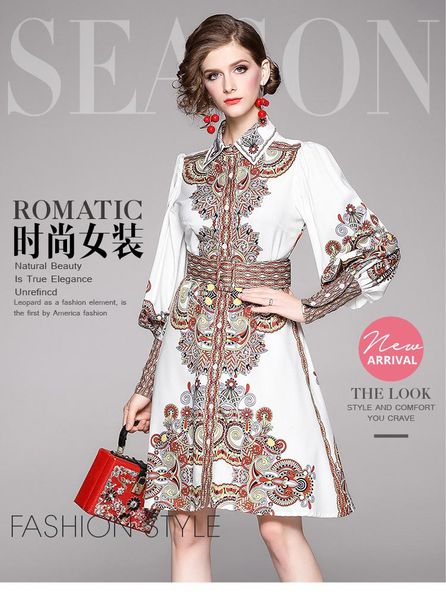 

casual dresses 2021 autumn women elegant office lady loose print full lantern long sleeve party night sashes knee-length dress, Black;gray